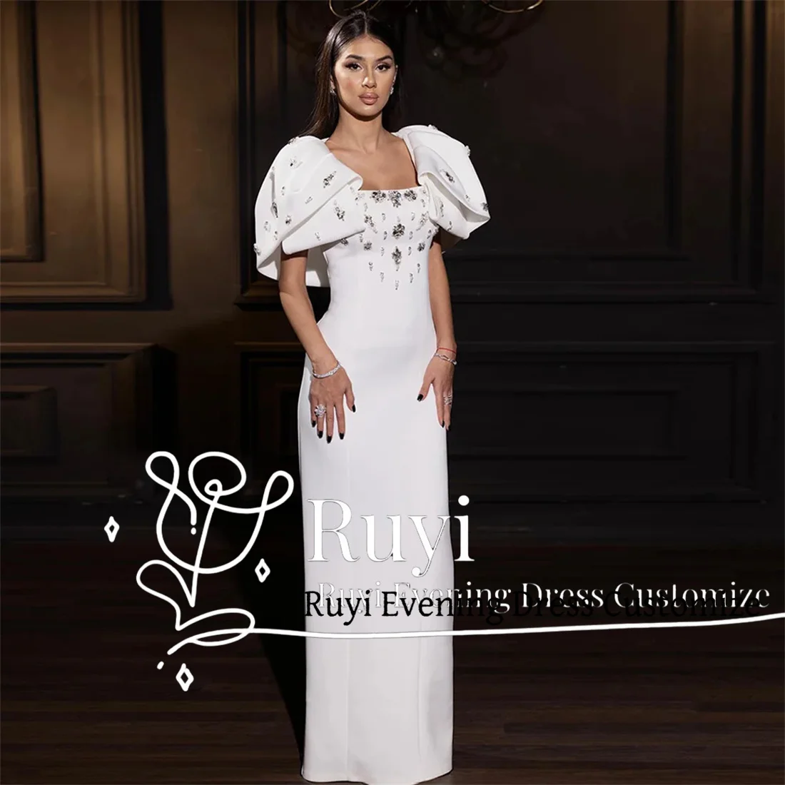 Vestido de fiesta de color marfil personalizado, cuello cuadrado, hecho a mano, listones de diamantes de imitación, largo hasta el suelo, vestidos de noche árabes saudíes