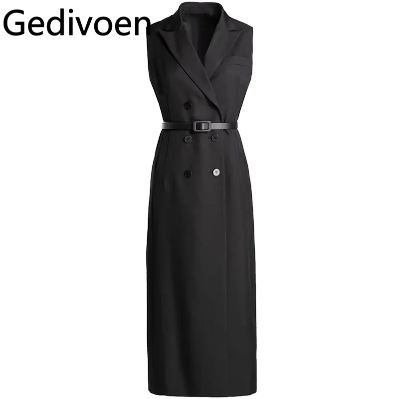 

Gedivoen Summer Fashion Runway Designer Overcoat Women's Vintage Solid Color Sashes Double Breasted Sleeveless Overcoat