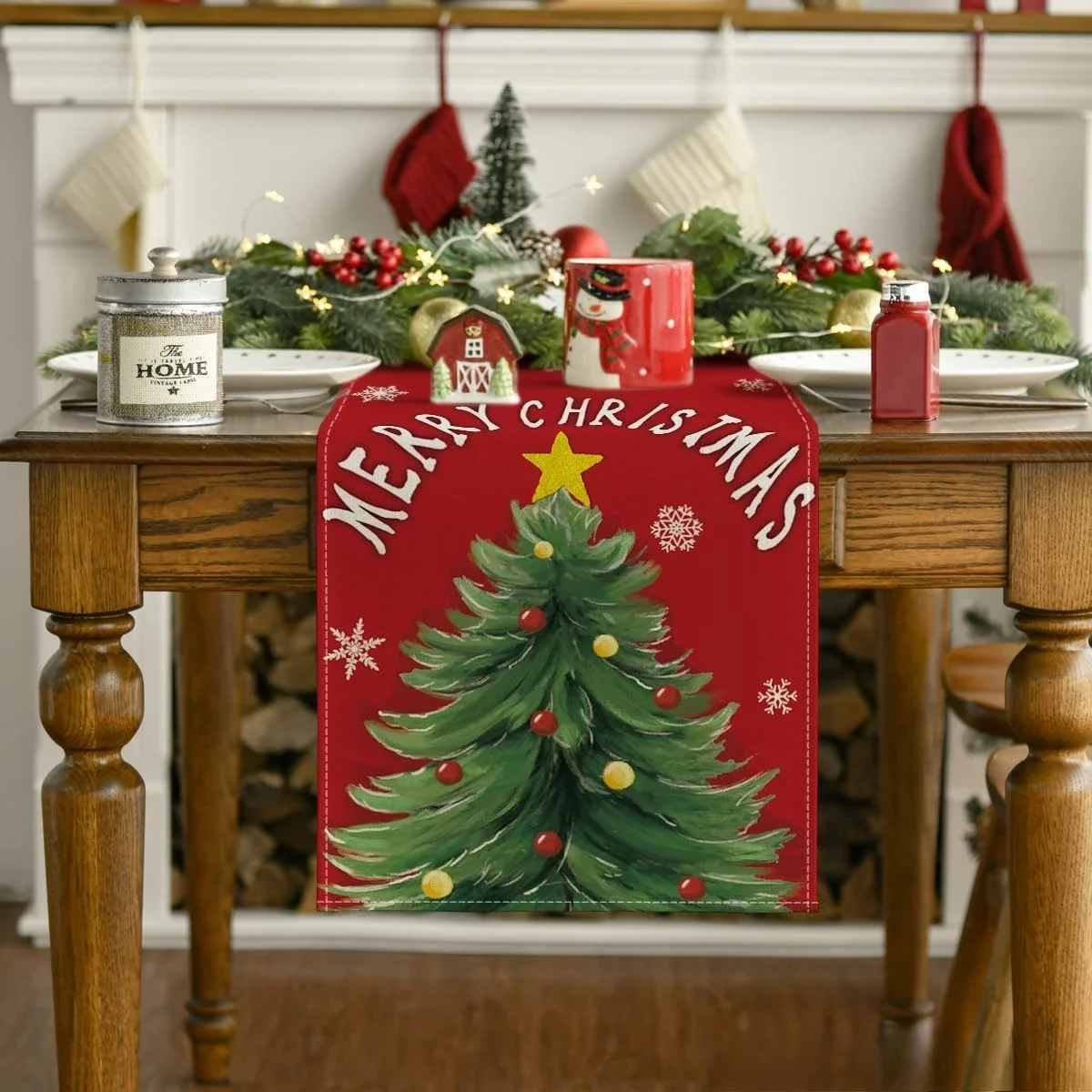 Frohe Weihnachten Weihnachtsbaum Tischläufer Urlaub Party Dekor Winter Schneeflocken Küche Esstisch Läufer Weihnachtsdekorationen