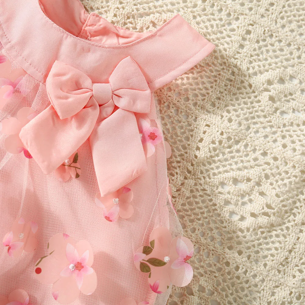 (0-3 anni) Summer Mesh All Over Flower Bow Baby Girl Dress Cute senza maniche Girl Princess Dress