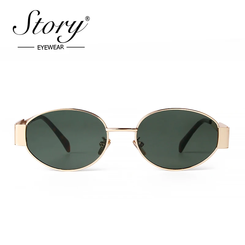 STORY Classic Green Metal Oval Sunglasses for Women Men 2024 Luxury Brand Design Retro Punk Round Sun Glasses Male Female UV400