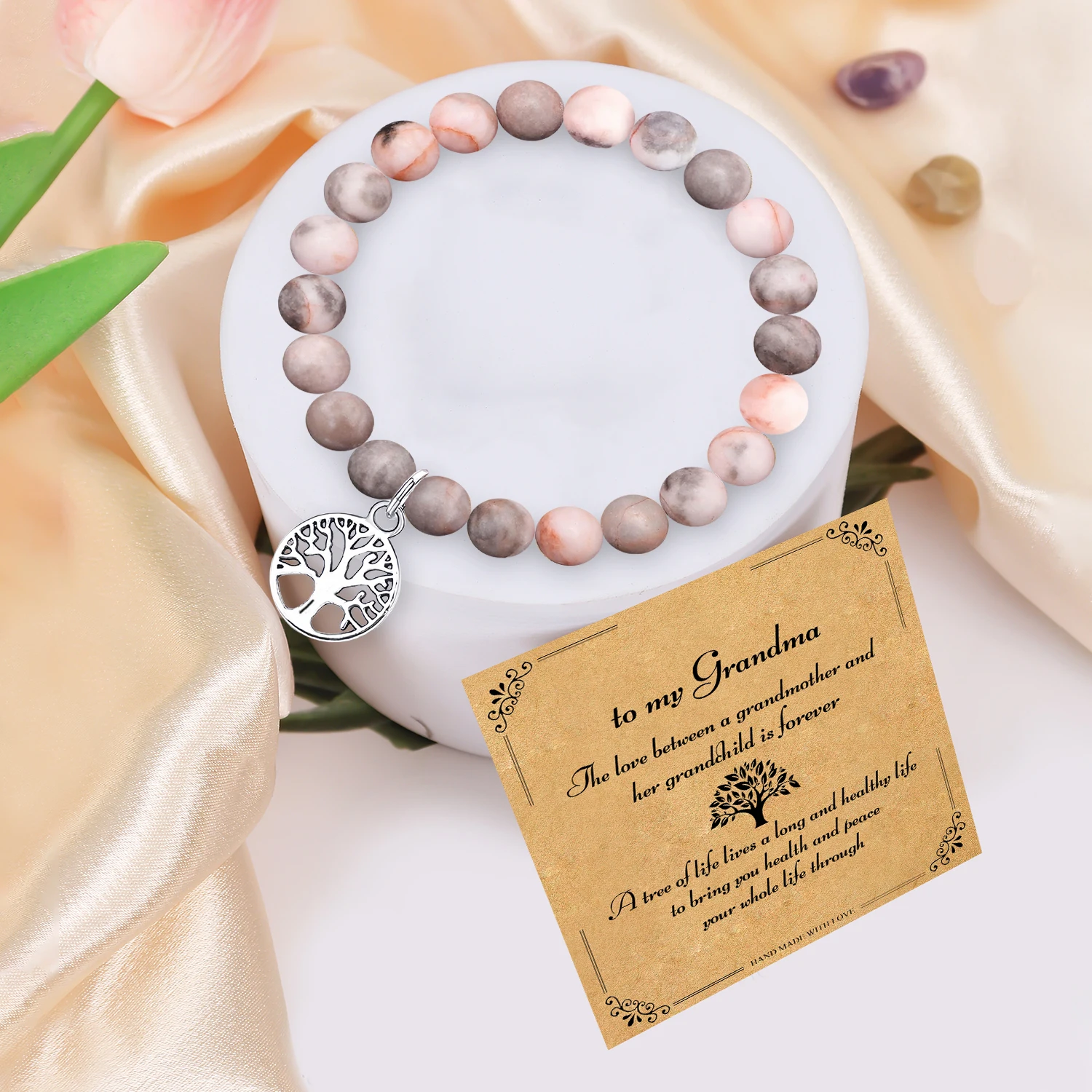 1PC Exquisite Tree of Life Pendant Bracelet & Blessing Card Gifts for Grandma, Healing Bracelets Christmas Gift for Grandma