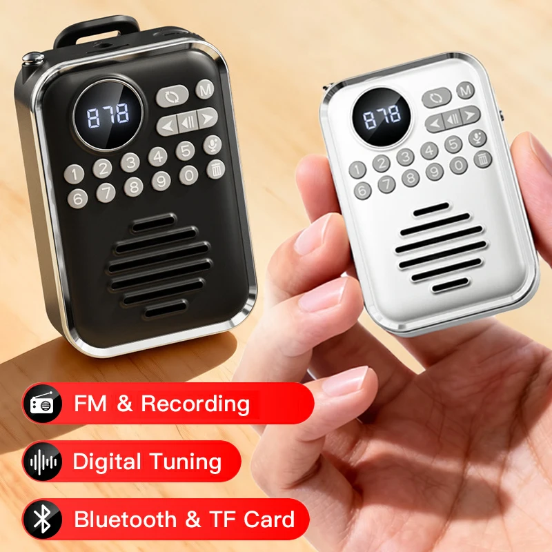 Mini Portable FM Radio HD Display Digital Radios Recevier  Wireless Bluetooth Speaker Voice Recorder Rechargeable TF Card  Playe