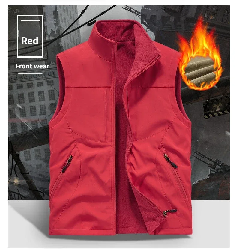 

2025 двусторонняя одежда, флисовый жилет, уличный повседневный стиль, большой свободный теплый мужской жилет без рукавов, осень-зима
