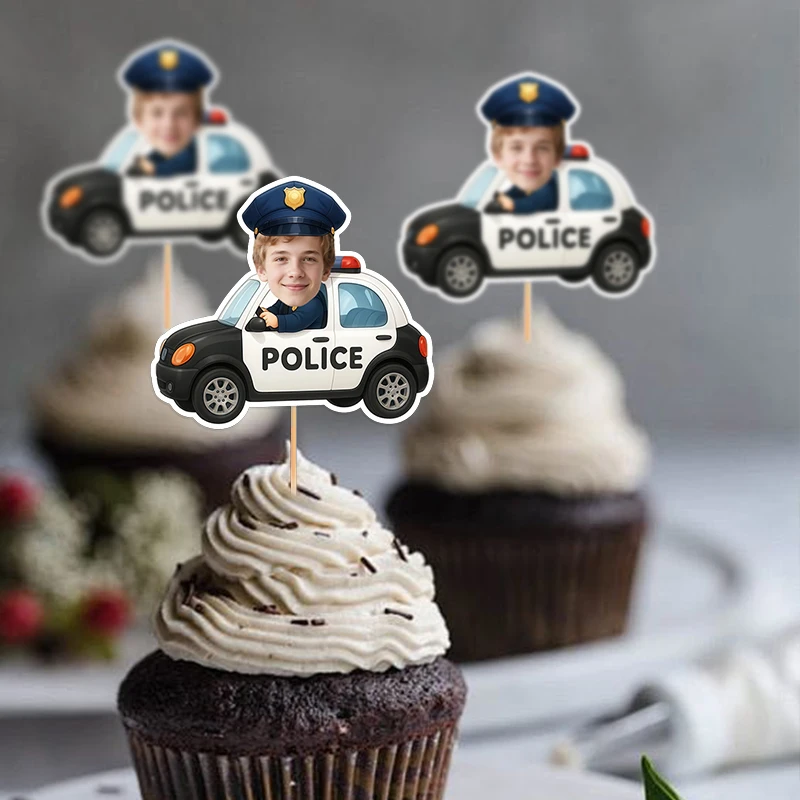12/24 piezas de adornos para pasteles con temática de conducir un coche de policía, personaliza tu avatar, decoración para fiestas de cumpleaños, bodas y celebraciones.