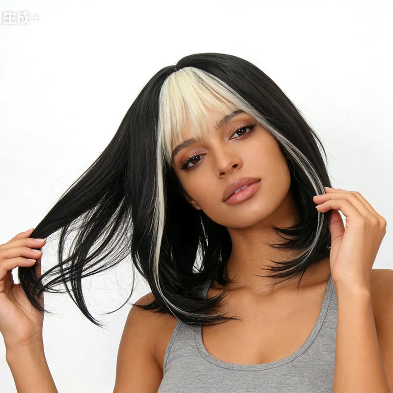 Black Blonde Bob Wig with Bangs Heat Resistant Synthetic Straight Wig Natural Looking Two Tone Wig for Women Daily Cosplay Party
