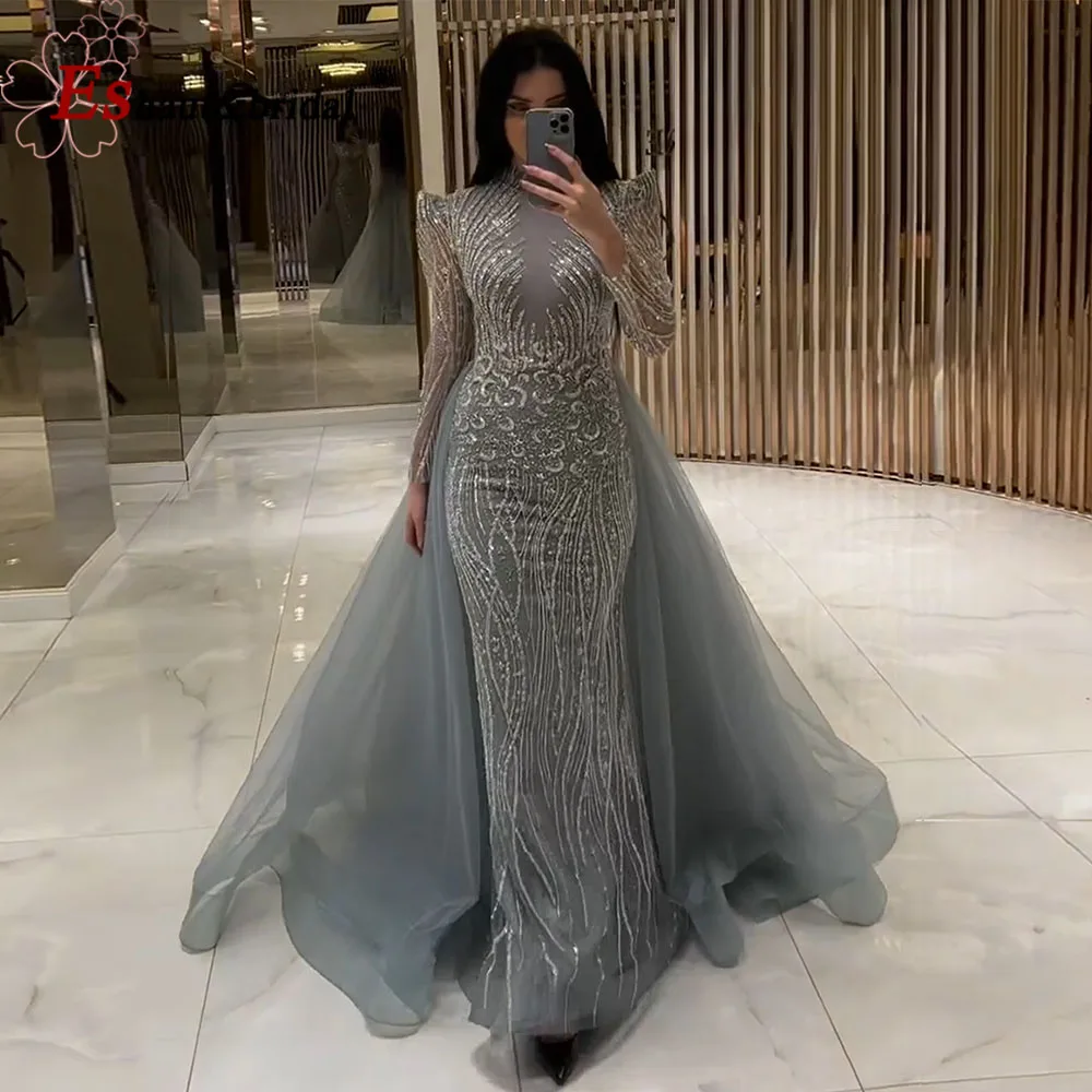 Elegant Muslim Evening Dress for Women 2024 Luxury Dubai High Neck Long Sleeves Beads Formal Prom Wedding Party Gowns Customized