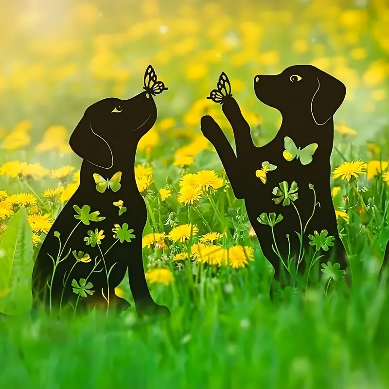Art Deco Metal Dog Garden Stakes 2-Pack - Easter Outdoor Animal Statues, Floor Mount Dog Yard Art