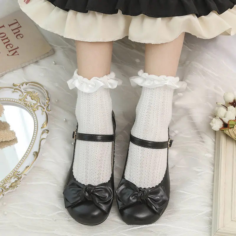 Harajuku Lolita Cute Mary Janes Shoes Women Japanese Style Pure Color Bow Kawaii Sandals Female Round Toe Buckle Casual Shoes