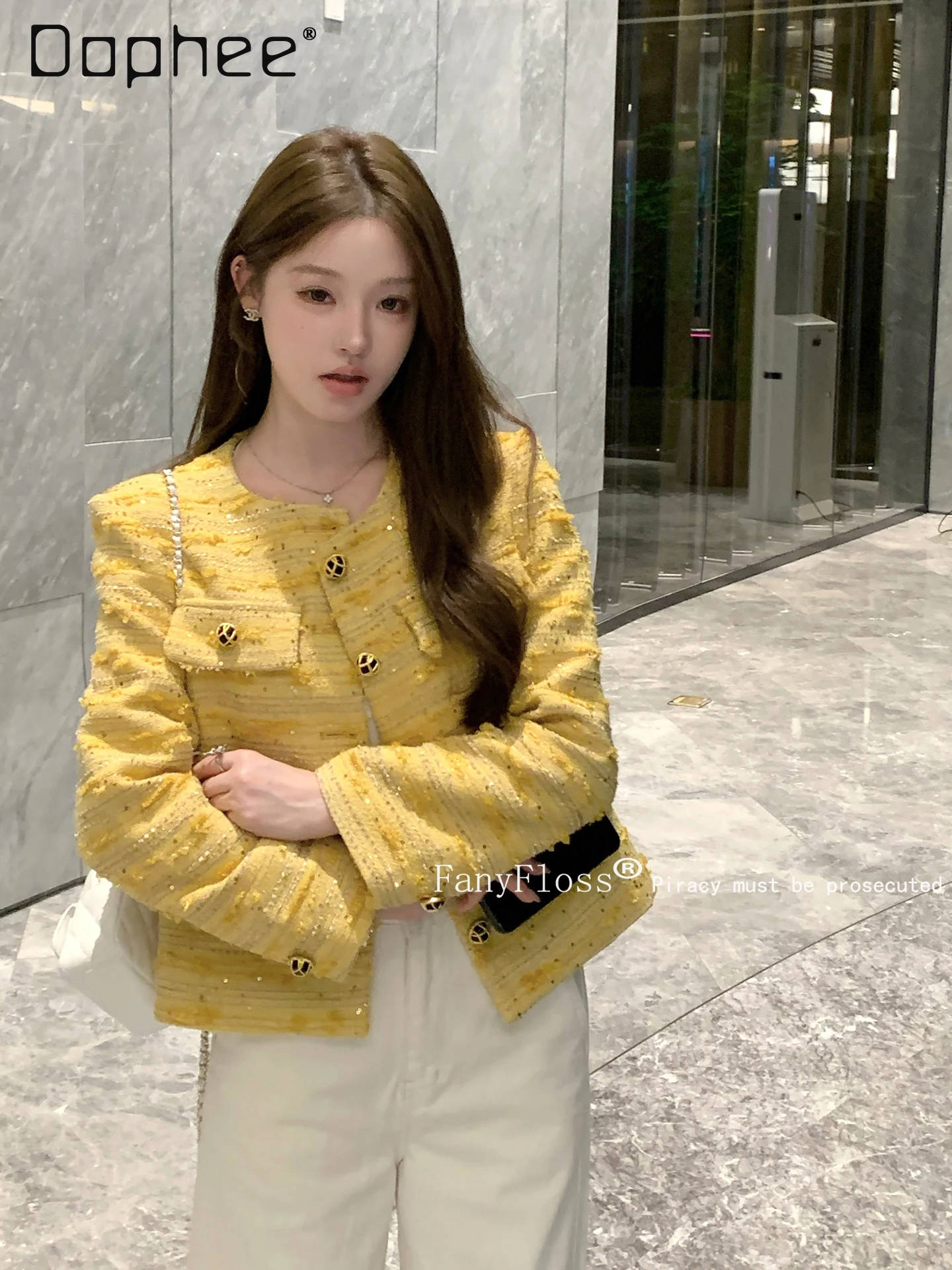 

High-end Beaded Rhinestone Round Neck Short Woolen Coat Autumn Winter New Korean Chic Elegant Socialite Loose Casual Coat Women