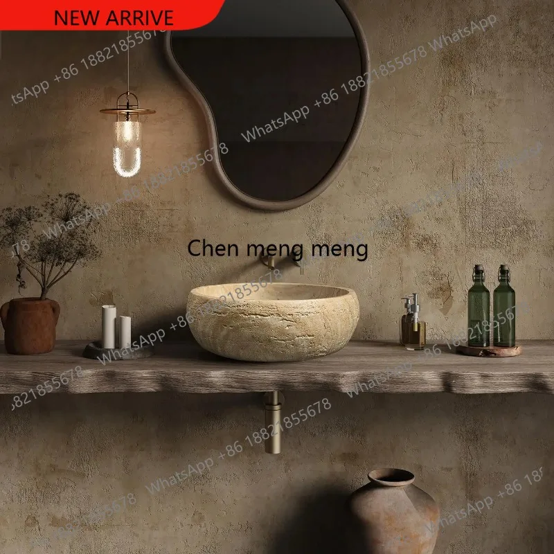 

F182 Vintage Round Travertine Vessel Sink, Beige Mid-century Modern Console Basin for Hotel Villa Bathroom, Customizable