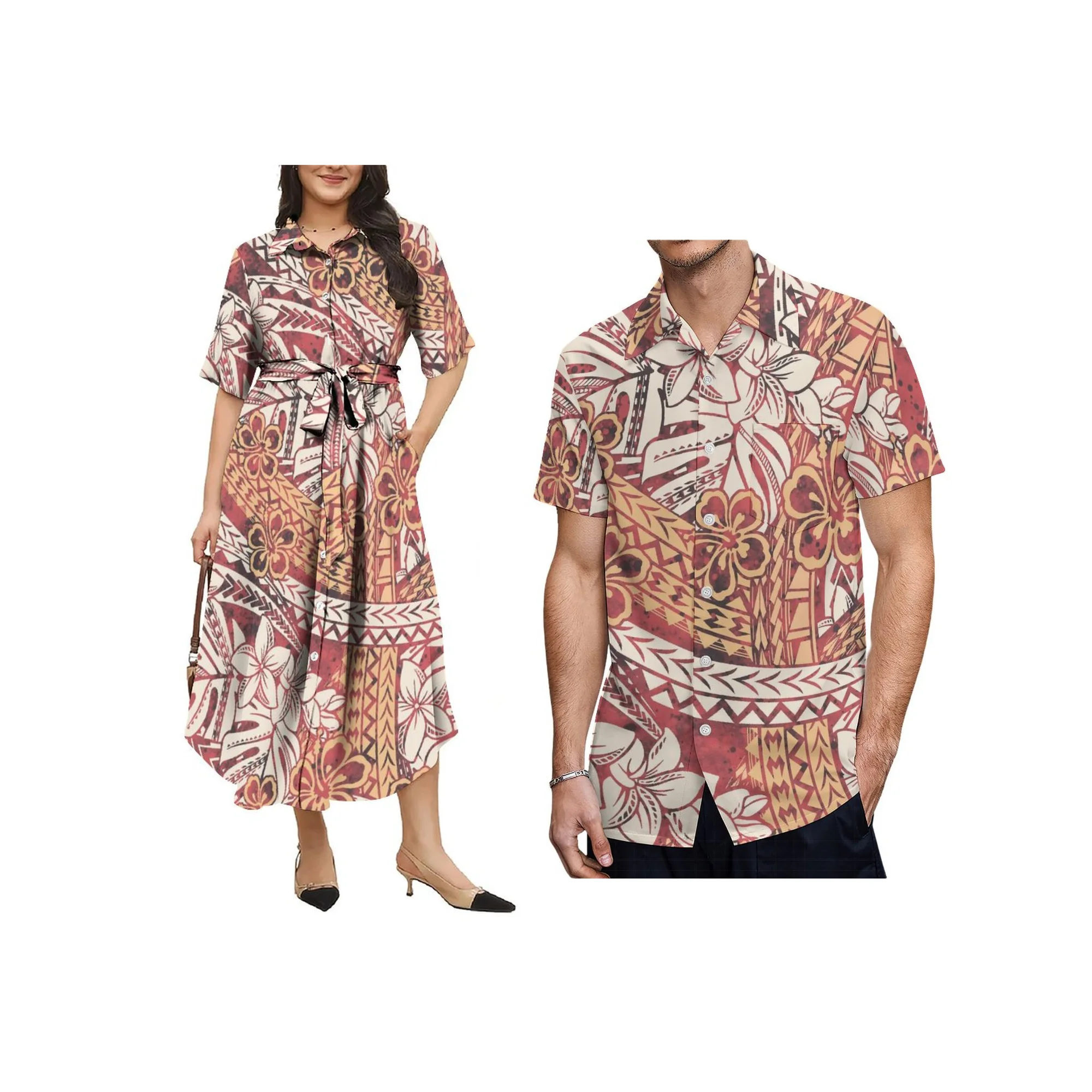 Polynesian Print Samoa Island Design Custom Women Button Shirts Dress Tie-Ups Long Dress Big Size Summer Casual Dress