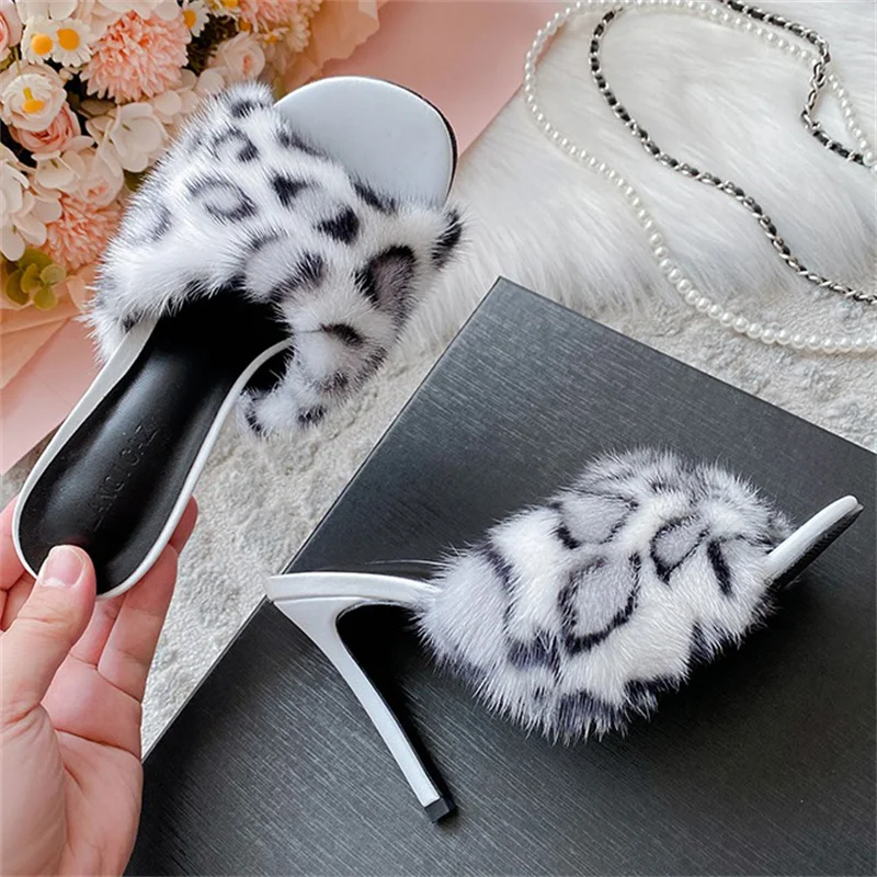 Summer Women's Fur Heels Sexy Fashion Leopard Print Design Peep-toe High-heeled Slippers Luxury Mink Fur High-heeled Slippers