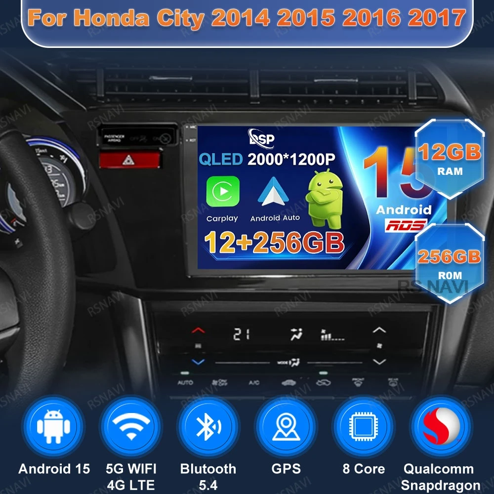 Android 15 Car Radio For Honda City 2014 2015 2016 2017 9/10 Inch DVD Systems QLED RDS Viedo Player DSP WIFI+ 4G LTE 360 Camera