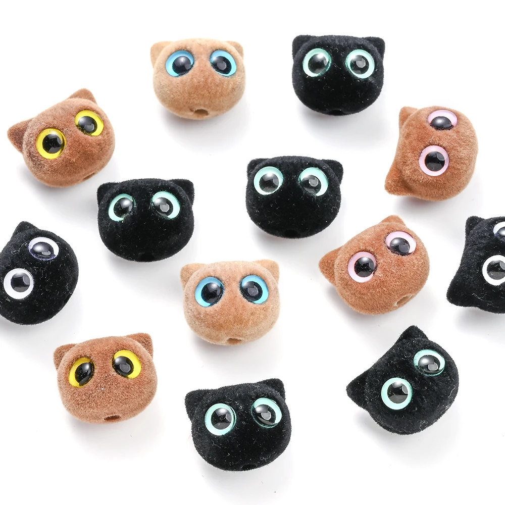 5Pcs 17×19mm Flocked Acrylic Cat Head Beads, Mixed Color Fuzzy Kittys Spacer Beads For DIY Bracelet, Keychain & ewelry Making