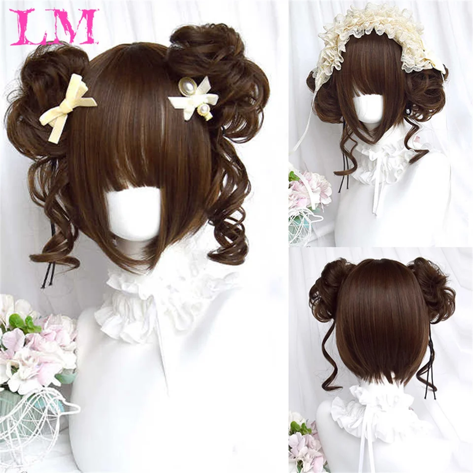 LM Synthetic Wig Princess Cut Double Ponytail Lolita Wig with Bangs Girl Brown White Gray Cosplay Halloween Harajuku Wig