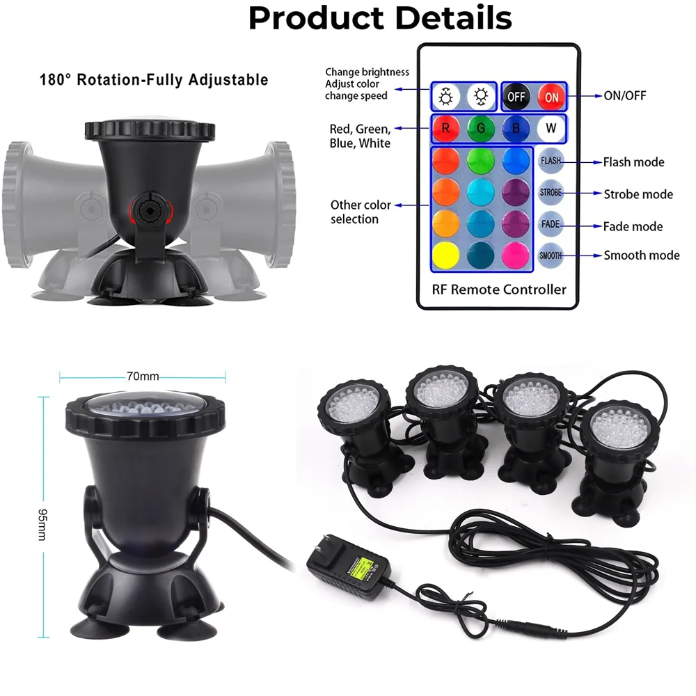 Luz LED subacuática RGB IP68, lámpara de acuario impermeable, 36LED, luz de punto de paisaje para piscina, tanque, fuentes, estanque de agua