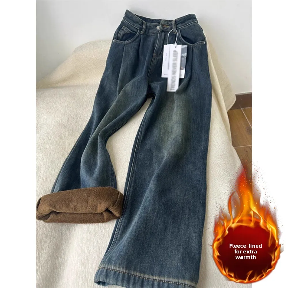 

Модный женский широкий джинсовый материал, завышенная талия, свободный, повседневный стиль в стиле ретро, мягкая и удобная ткань.