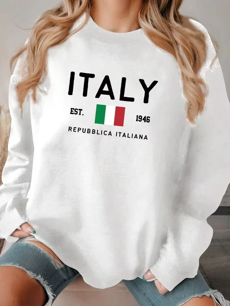 Casual Women Hoodies Italy Est.1946 Repubblica Italiana Print Pullover Loose Crewneck Warm Fleece Sweatshirt Autumn Streetwear