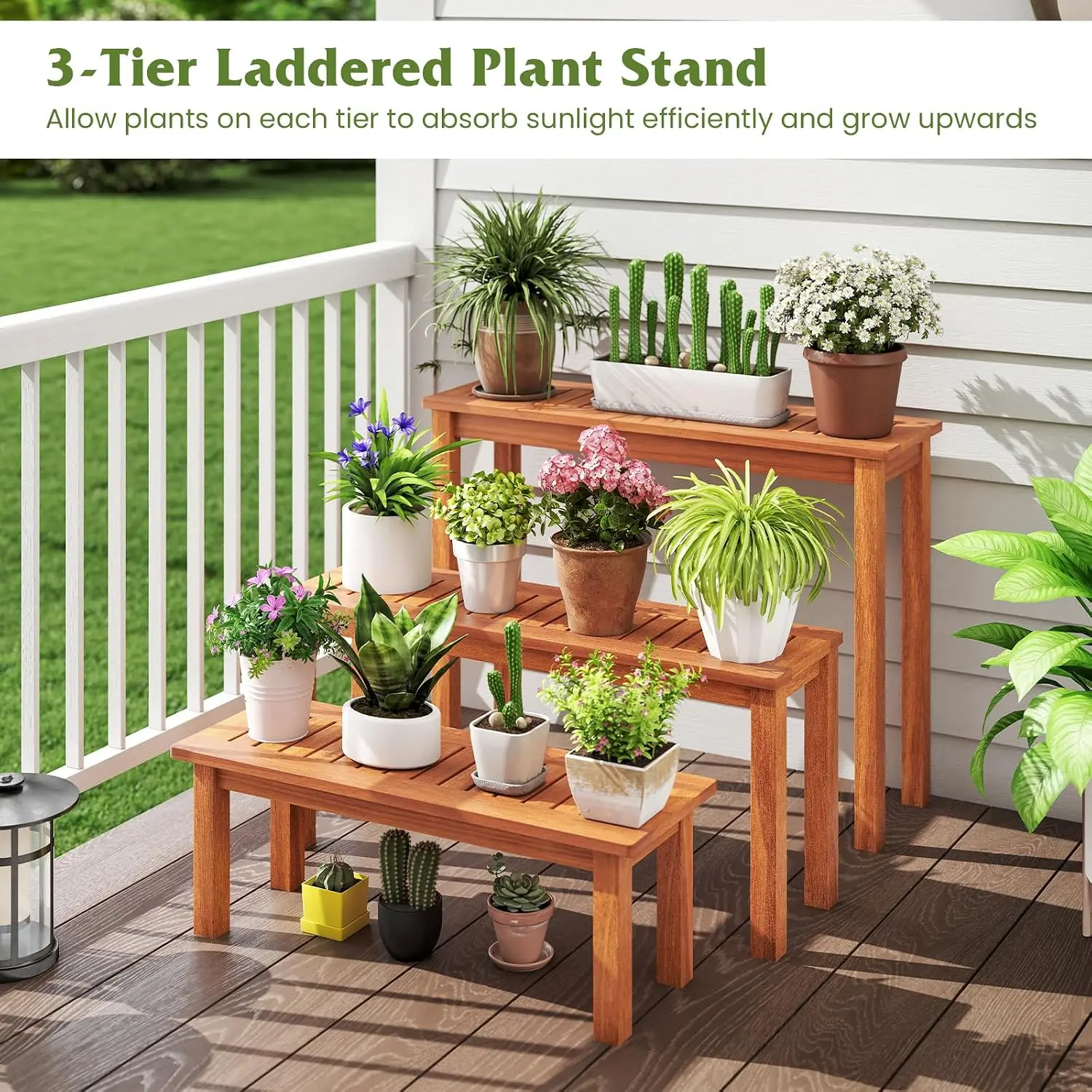 Pack Of 3 Pack Wooden Plant Stand Set, Solid Wood Flower Pot Holder Display Shelf With Protective Oil Finish, Slatted Top Rustic Multi Layer Garden Organizer Rack For Patio Entryway Porch, Natural Brown