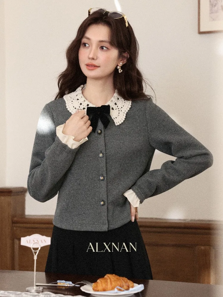 

ALXNAN Grey Knit Cardigan Women's French Vintage Lace Patchwork Collar Bow Sweater Autumn Long Sleeve Top Ladies DYL662156