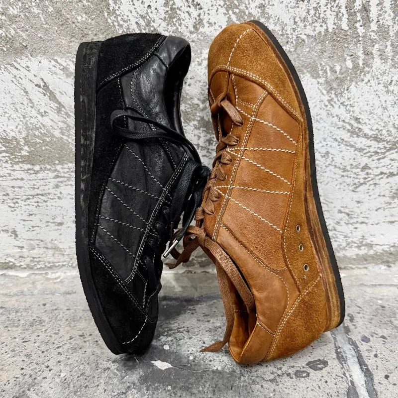 Designer Luxury Genuine Leather Square Toe Washed Lace Up Casual Vintage Training Shoes Men's Flat Work Walking Oxfords Male