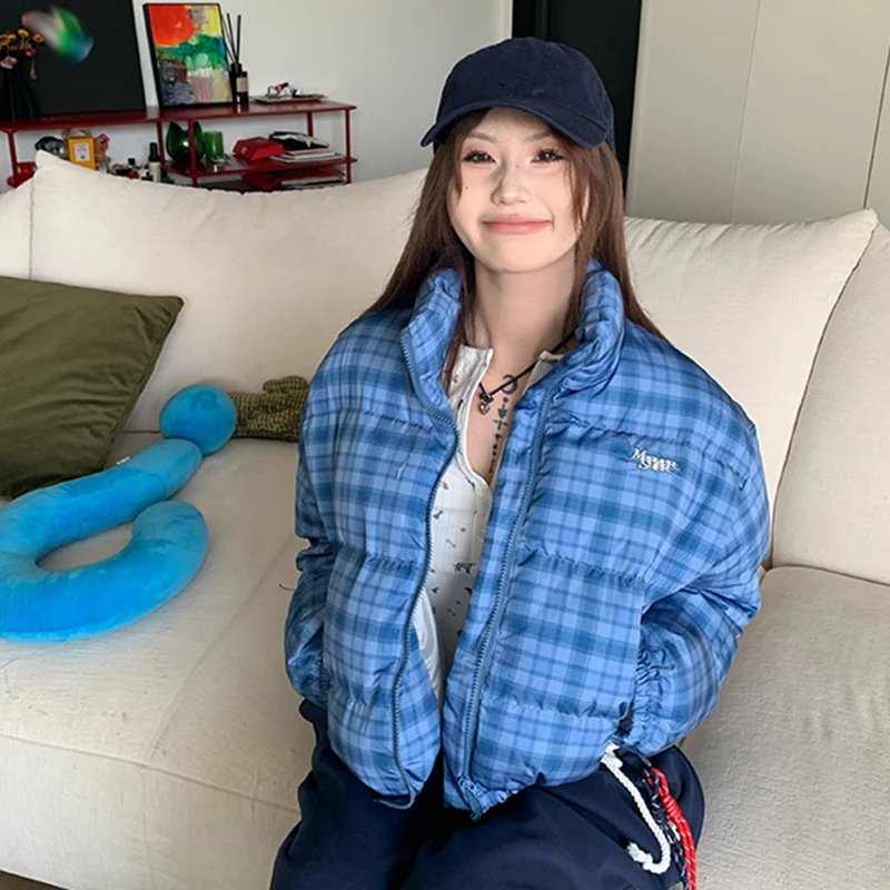 Coreano xadrez inverno inchado casaco feminino manga longa rua zip parkas jaqueta grossa quente estilo preppy casual outwear