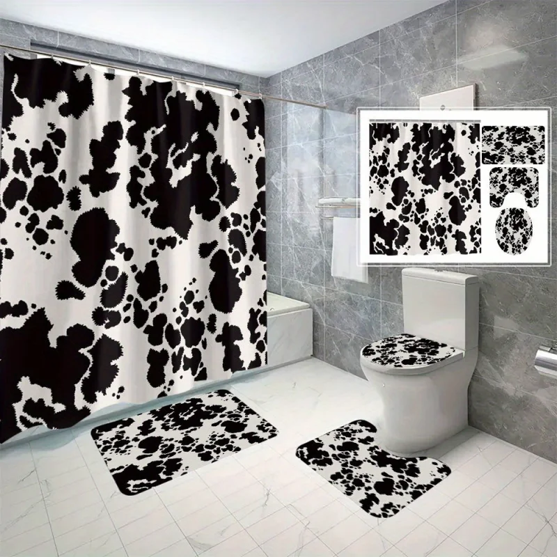 

4pcs Cow Print Bathroom Set, Black And White Digital Printed Shower Curtain, No-Drill Partition, Waterproof Bath Decor With Non-