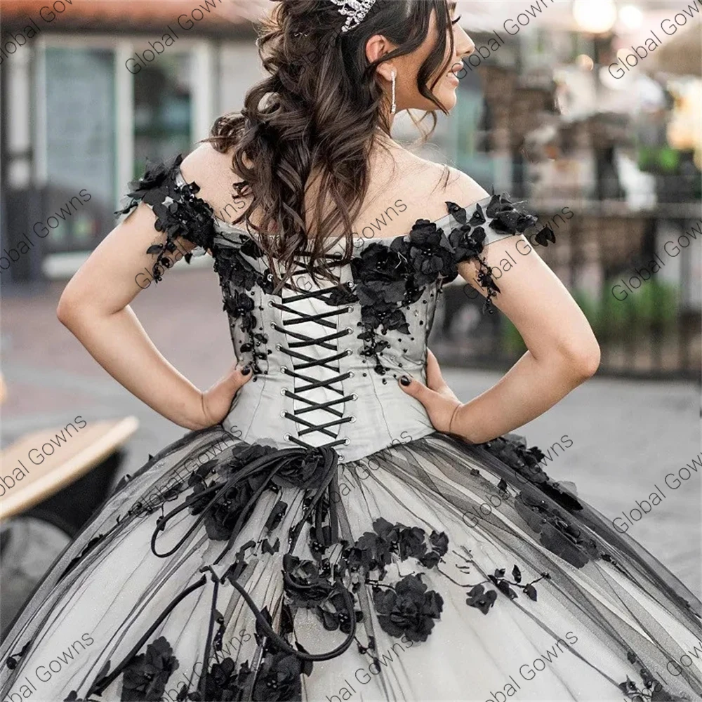 Black Off The Shoulder Ball Gown Quinceanera Dress For Girls Beaded 3D Flowers Birthday Party Gowns Prom Dresses Customized