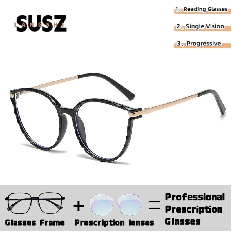 LS-SUSZ Daily Classic Circular Reading Glasses for Women's Anti Blue Light Multifunctional Optical Prescription Myopia Glasses