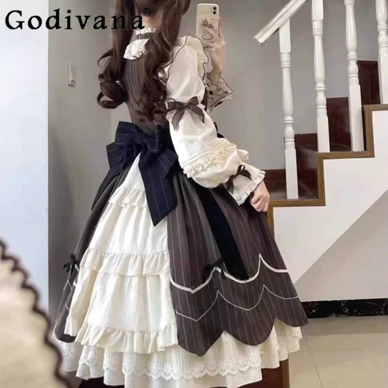 رائع الحلو لوليتا اليومية OP فستان أنثى لطيف أنيق لوليتا فستان الأميرة المرأة ربيع الخريف طويلة الأكمام القوس فستان