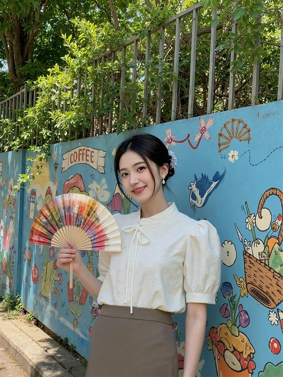 

Chinese Style Irregular Blouses Womens Bandage Waist Patchwork Mesh Feminine Holiday Trendy College Sweet Flare Sleeve