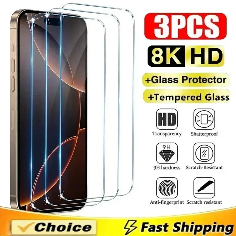 3 Stück gehärtetes Glas für iPhone 16 15 14 13 12 11 Pro Max Mini Displayschutzfolie für IPhone 7 8 16 Plus SE XS XR Schutzglas