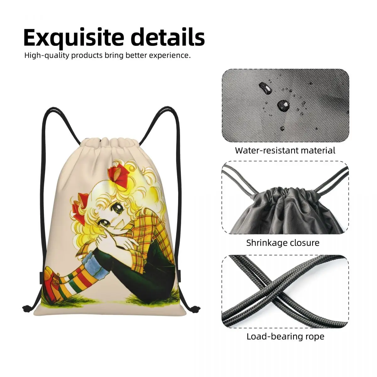 Candy Candy Drawstring Backpack Women Men Sport Gym Sackpack Foldable Cartoon Anime Manga Shopping Bag Sack