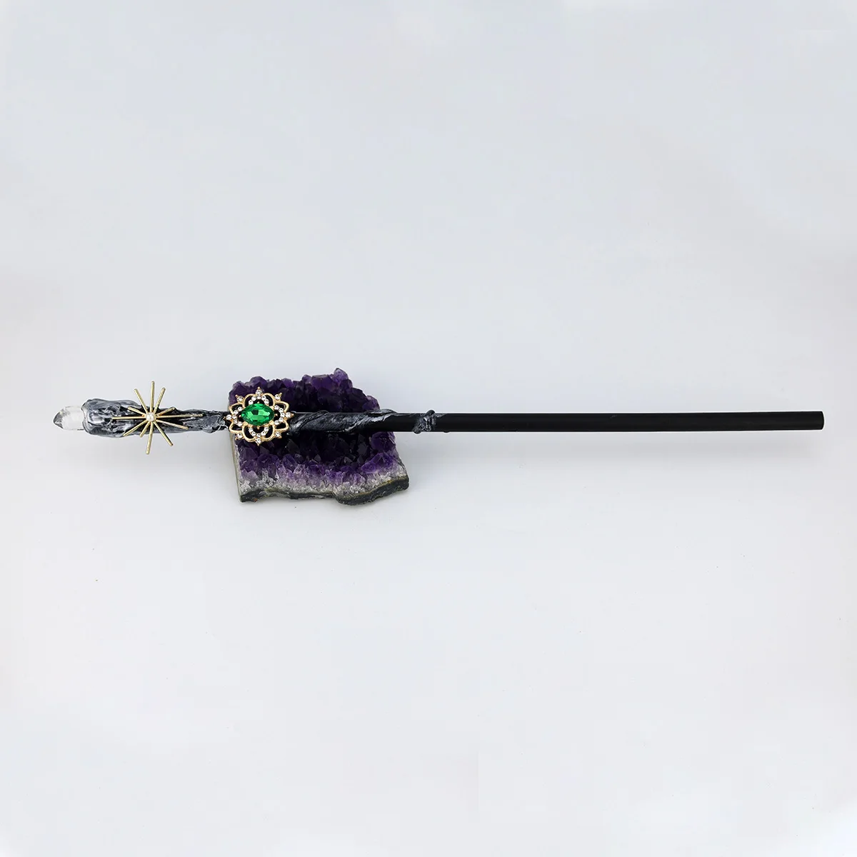 1pc Black Wooden Magic Wand Inlaid with Sun Star Green Crystal Ornaments Crystal Magic Stick