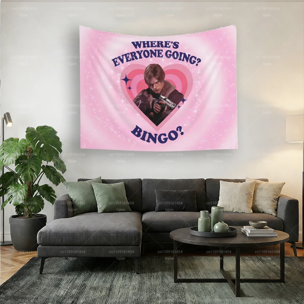 L-Leon K-Kennedy Where's Everyone Going? Bingo? Flag, L-Leon S. Kennedy Indoor Wall Tapestries, Leon Kennedy RE9 Flag