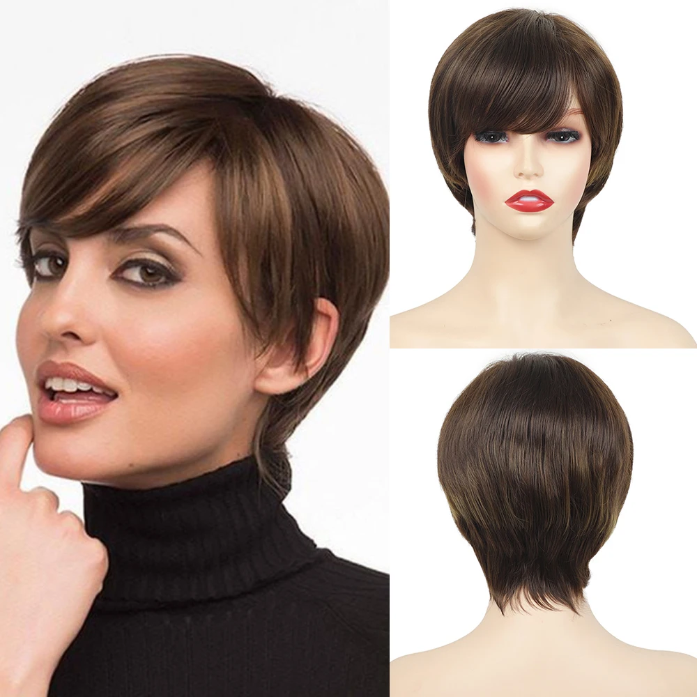 Short Blonde Synthetic Wig Straight Layered Wig Fluffy Bangs For Women\'s Daily Heat-resistant Hair.