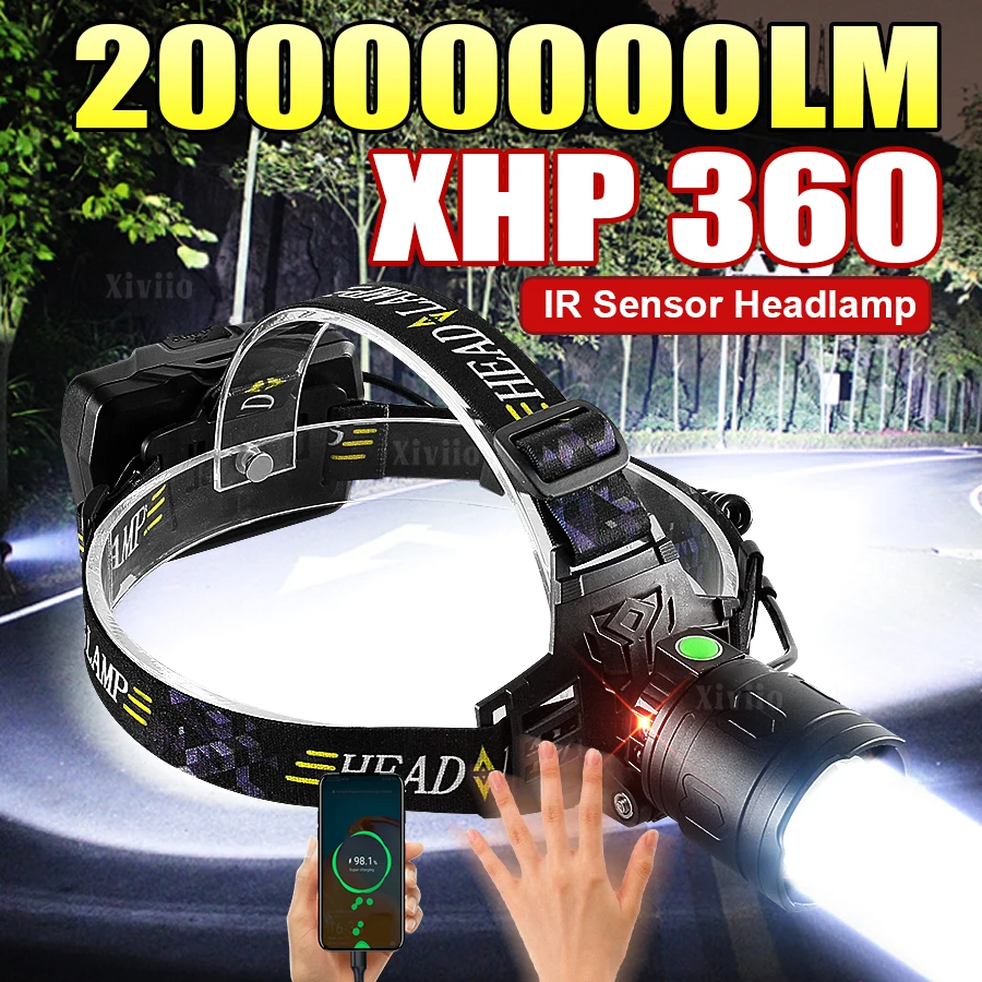 

2000000LM XHP360 ИК-сенсорный налобный фонарь Мощная фара 18650 Мощный налобный фонарик USB Перезаряжаемый налобный фонарь