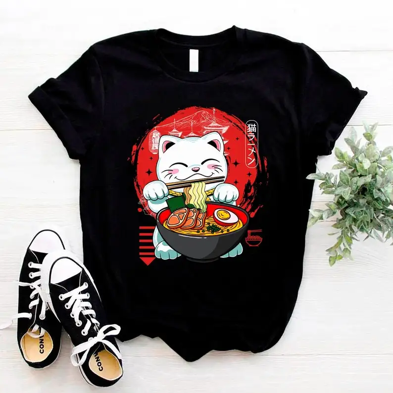 Neko Ramen Shirt Japanese Cat Kawaii Anime Japan Noodles Tee Asian Cuisine Food Korean Noodle Unisex Manga