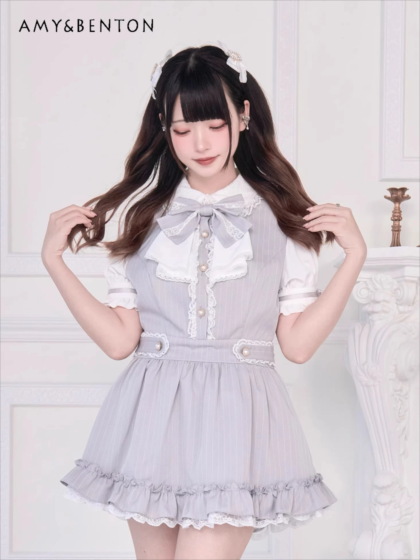 

Summer Subculture Original Striped Dress Sets Mine Series Mass Production Japanese Bow Short Sleeve Mini Dress Shorts Outfits