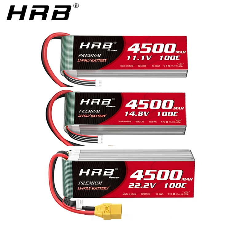 Batterie Lipo HRB 3S 4S 6S 4500mah 11.1V 14.8V 22.2V 100C XT60 XT90 pour quadricoptère RC, hélicoptère, bateau, voiture, avion