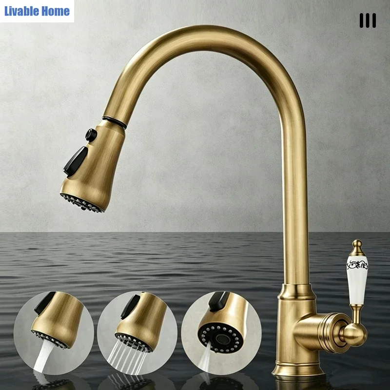 French-style vintage brass three-mode pull-out tap for domestic kitchen sinks swivelling hot and cold water tap