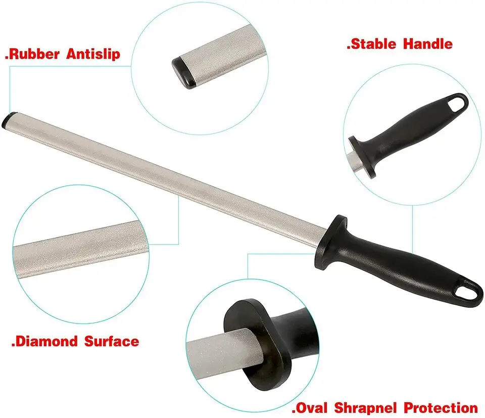 Essential 10-Inch Diamond Steel Honing Rod 50pcs-ctn Kitchen Knife Sharpener Abrasive Tool for Knife Maintenance