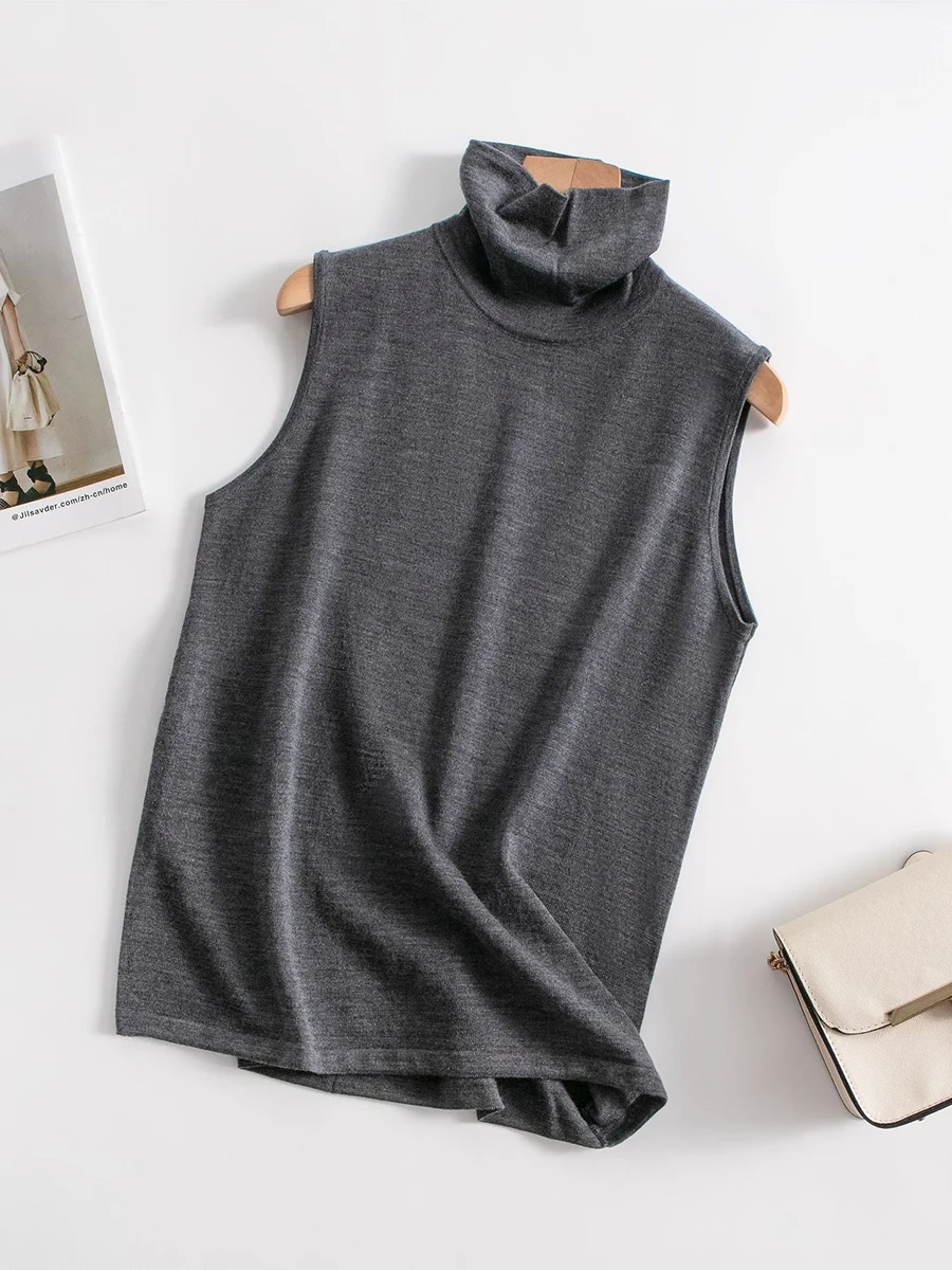 SuyaDream-Chaleco de cuello alto de lana merina para mujer, jerseys cómodos de hilo fino, suéteres elegantes de color negro carbón, 100%, otoño e