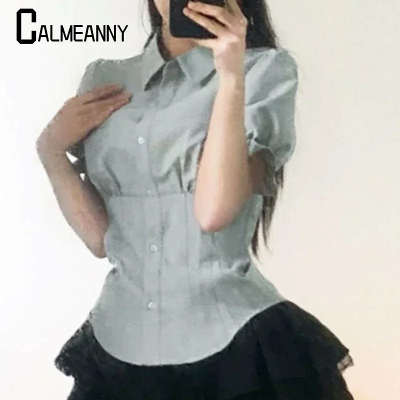 2023 Summer New Korean Fashion Shirt Women Slim Minimalist Puff Sleeve Simple Japan Style Casual JK Slim Y2k Tender Cozy Ladies