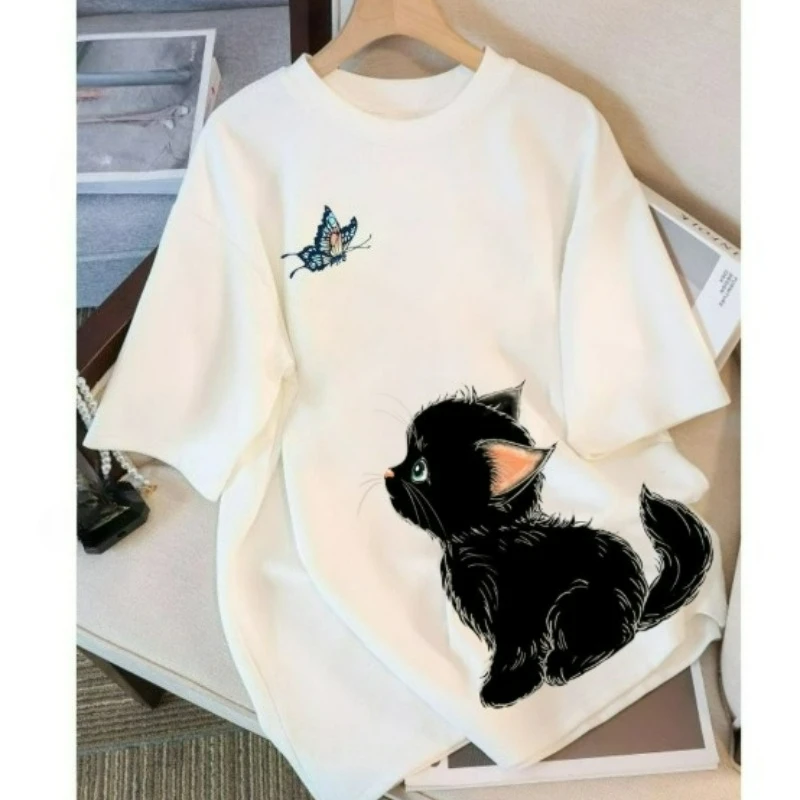 

2026 Summer New Fashion Bestseller Unique Design Sense Niche Printed Loose Top Pure Cotton Black Short-sleeved Women's T-shirt