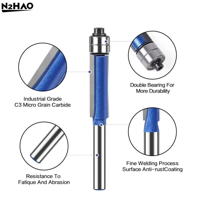 1/4Pcs 6MM 1/4" 5/16" 3/8" 1/2" Double Bearing Carbide Flush Trim Router Bits For Wood Biaxial Trimming Carving Milling Cutter