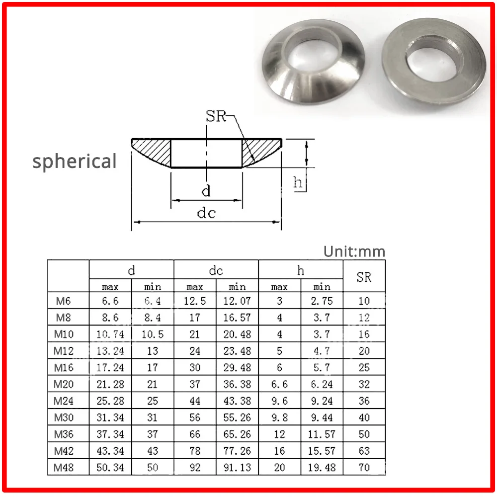 M6 M8 M10 M12 M14 M16 M18 M20 Countersunk Spherical Conical Washer  Flat Solid Head Conical Gasket 304 Stainless Steel Washers