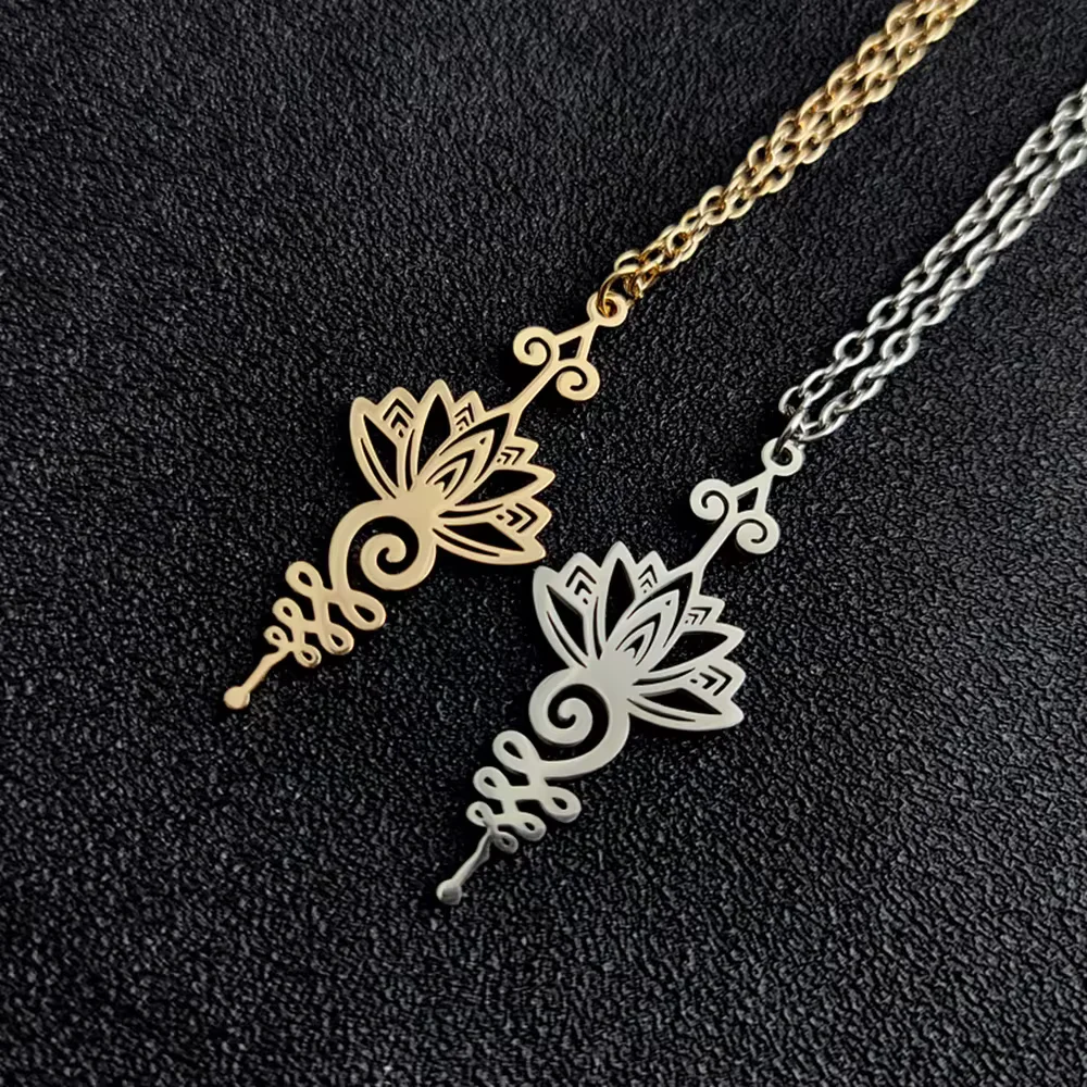 Delicate Lotus Symbol Pendant Necklace Ancient Hindu Yoga Buddhist Gift Unique Geometric Stainless Steel Jewelry for Women Girls