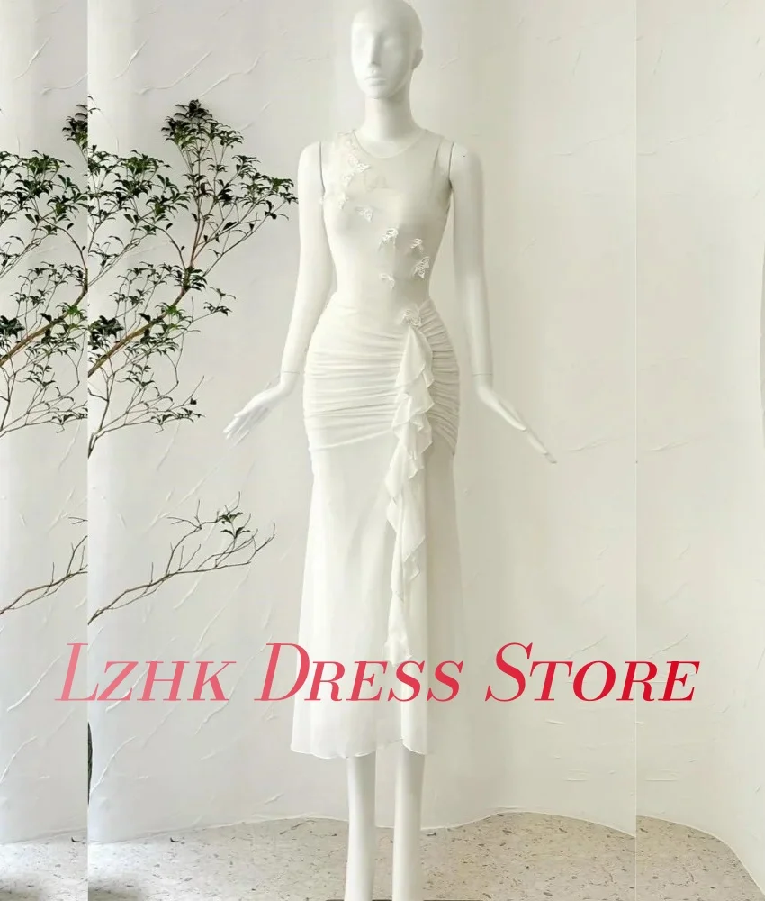 ชุดราตรีผ้าชีฟองทรงเมอร์เมดแต่งระบายโบว์ 3 มิติ คอทรงโอ แขนกุด ความยาวคลุมข้อเท้า สไตล์เซ็กซี่